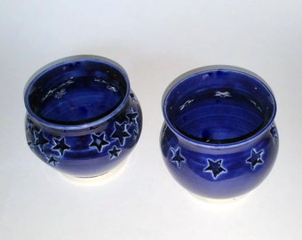 Blue Votive Candle Holder or Luminary with Star Cut-outs - Wheel Thrown Pottery