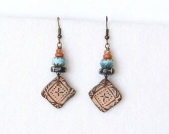Boucles d'Oreilles Ethniques, Bijoux Africains, Bijoux Amérindien, Bijoux Boheme, Bijoux Boho, Boucles Oranges, Cadeau Femme, Fête des Mères
