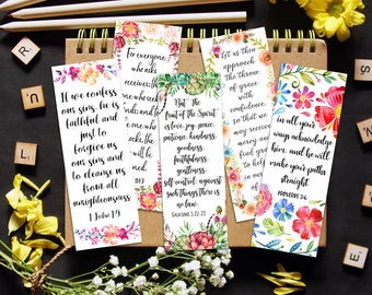 Bible Bookmarks, Printable Set of 8, Instant Download, 7 x 2.5 Inches, Inspirational Art Journal, Floral Scripture Cards, Watercolor Flowers