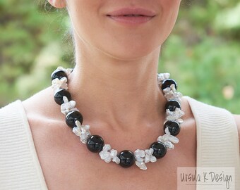 20" Keshi Pearl Black Onyx Statement Necklace, One-of-a-Kind Fine Pearl Jewelry, White Keshi Pearl Black Necklace, Elegant Pearl Jewelry