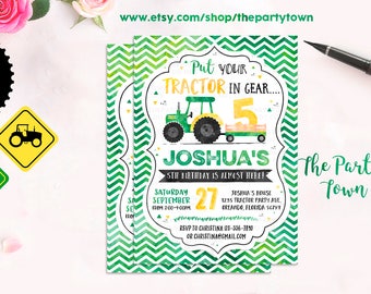 Tractor Birthday Invitation, Green Tractor invite, Farm Birthday Invitation, Printable Invitation