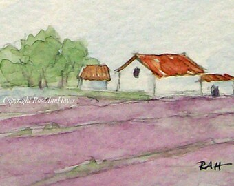 Lavender Field in Provence France Original Miniature Watercolor Painting Housewarming Gift