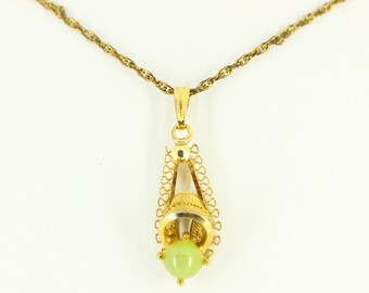 1950s Sorrento 12K Gold GF Jade Necklace - Fine Estate Jewelry, Vintage Small Pendant, Delicate Green Nephrite 12 K Gold Filigree Cannetille