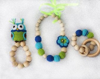 Nursing necklace, Teething necklace, Breastfeeding necklace with a rattle owl, baby chew necklace, babywearing necklace, babyshower gift set