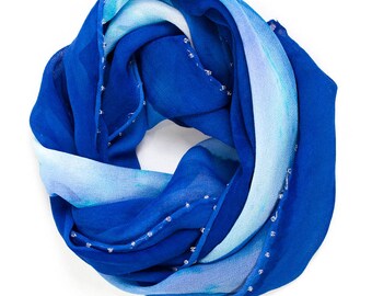 Blue Bead-lined Silk Chiffon Scarf: Santorini