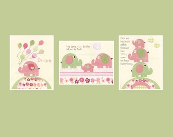 Baby Girl Nursery Wall Decor // Baby Girl Room Decor, Pink Elephant // Set of 3 11x14 // Hayley Bedding Set
