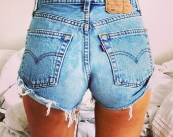 Be·Plain Jane - Levi / LEE / Wrangler etc. // Denim Blue Vintage Brand High Waisted Shorts - One-fold Cut Off