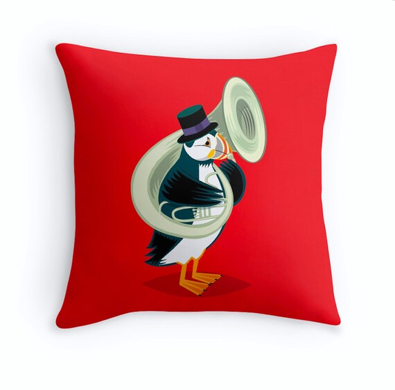 Puffin On A Tuba - Children's room - Nursery Decor Cushion Cover - Throw Pillow Cover 16" x 16" by Oliver Lake iOTA iLLUSTRATiON