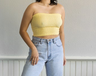 90s Pastel Yellow Elastic Tube Top / Fits up to an Extra Large