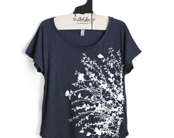 Medium- Tri-Blend Navy Dolman Tee with Flowering Branches Print