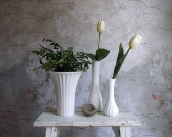 Milk Glass Vase Collection , Set of 3 Vintage Fluted White Milk Glass Vases , Instant Vase Collection , Cottage Chic Bridal Wedding Decor