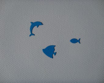 Set of 2 mini fish and 1 Dolphin created dark blue drawing paper