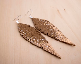 Tan, Silver and Copper Hand-painted Reclaimed Leather Feather Earrings