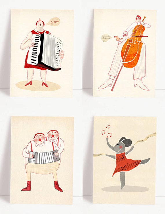 Set of 4 various music postcards music greeting cards