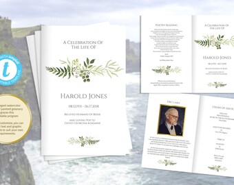 Printable greenery funeral program, foldable order of service template, photos optional | Man's funeral ideas, humanist obituary