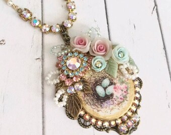beautiful robins nest assemblage necklace with Swarovski crystals handmade porcelain flowers pearls and beads #1058-12