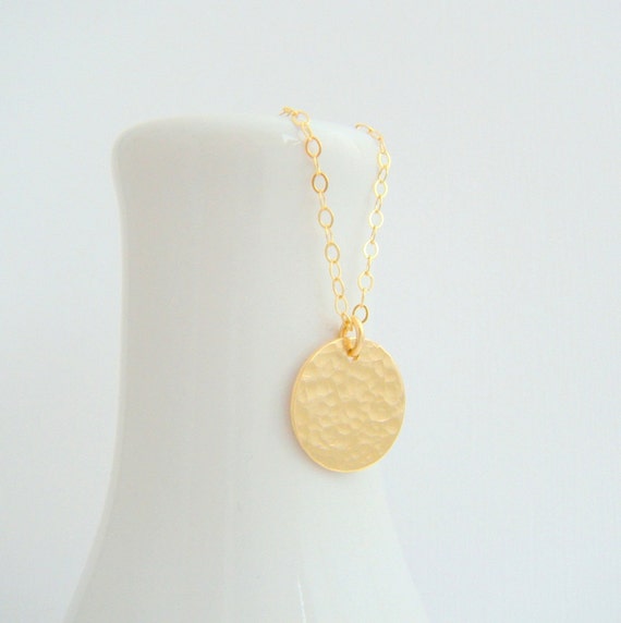 small gold necklace. hammered circle disc. 14k gold filled. 14