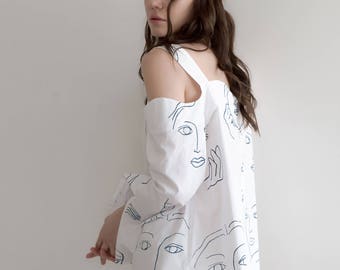 Face hand silkscreen printing cotton white shirt blouse, woman's girl's handmade screen print shirts, printed long sleeves blouses