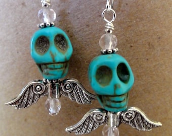 Dia de los Muertos Earrings - Turquoise Skull w/ Wings