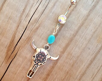 Steer Head Rose Belly Button Ring, Silver Belly Ring, Cow Skull Navel Ring, Navel Piercing, Body Jewelry.