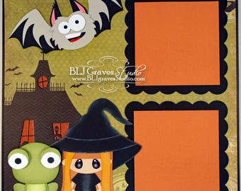 Halloween Witch Frog Bat Premade Scrapbook Page 12x12 Layout Paper Piece Handmade 65