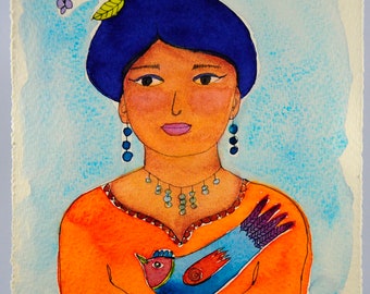 ORIGINAL The Protector, Woman with Bird, Strong Woman, Woman's Face, Mother's Day, Portrait Watercolor Painting