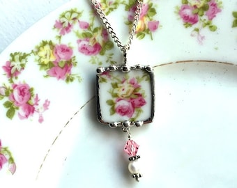 Dishfunctional Designs Broken China Jewelry, pendant necklace, antique pink roses, pearl crystal beads, recycled antique French china