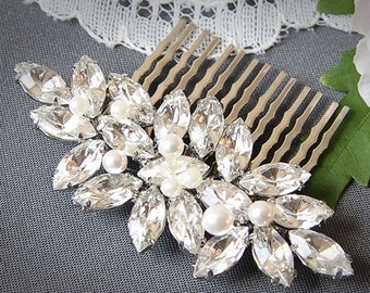 Wedding Hair Comb, Crystal Bridal Hair Comb, Marquise Leaf Bridal Wedding Hair Pin, Swarovski Pearl Hair Accessory, Vintage Glamour, YUDELLE