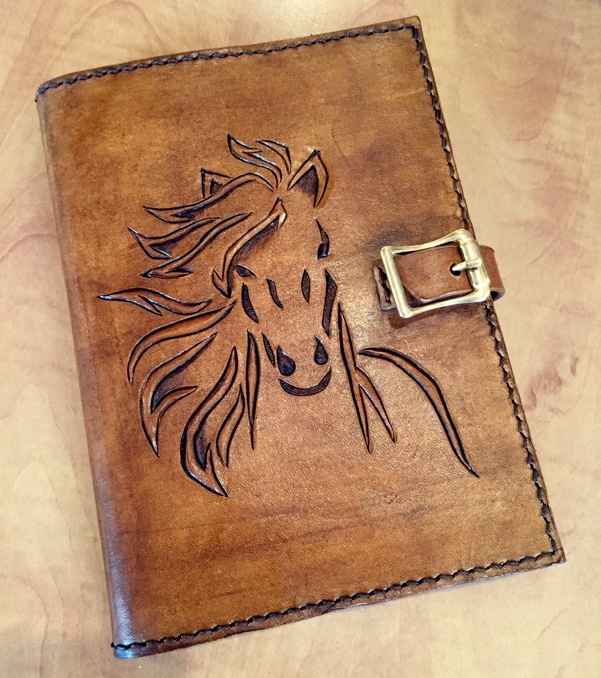 Leather Hand Carved Horse Journal Book Cover with Buckle