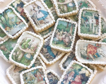 Edible Alice in Wonderland Wafer Rice Paper Wedding Cake Decorations Tea Party Biscuits Cookie Topper Birthday Mad Hatter Cupcake Favour RTD