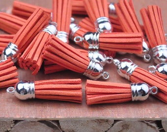 Fringe Tassel Pendant--20pcs of Light orange Colors Imitation Leather Tassel with Silver Caps Bag Charms Pendant 38x10mm--F2EL40