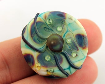 Lampwork Bead Coin Tab Focal Blue Green Ivory Matte Etched Glass 'Bleu'