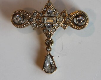 Gold tone clear rhinestone dangle tear drop pin brooch