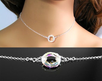 Eternity Circle Necklace, Sterling Silver, Clear Aurora Borealis Swarovski Crystal AB, Open Circle Choker, Ring Karma Minimalist Jewelry