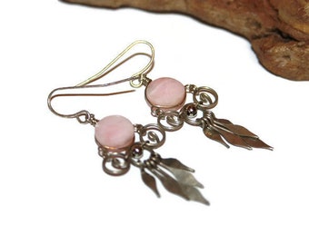 Pink Opal Earrings, Pink Opal Jewelry, Wire Wrapped Earrings, Wire Wrapped Jewelry, Vintage Gemstone Earrings, Gemstone Jewelry