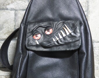 Leather Backpack Woman Purse With Face Monster Black 425