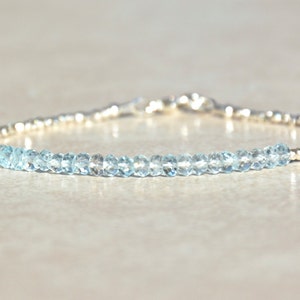 March Birthstone Bracelet, Aquamarine Bracelet, Gemstone Bracelet, Beaded Silver Bracelet, Blue Aquamarine Beads, Womens Bracelet, Gift