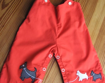 Vintage Baby red overalls PANTS Scottie Terrier Applique 6 months 3 months