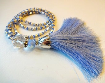 Tassel Necklace / Bead Necklace / Glass Necklace / Elegant Necklace / Silver Necklace / Light Blue Necklace / Glass Bead Necklace