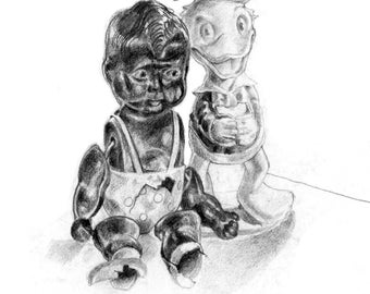 Drawing of Old toys rather the worse for wear!