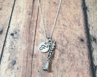 Clarinet initial necklace - clarinet jewelry, music necklace, band jewelry, music teacher gift, instrument jewelry, silver clarinet pendant