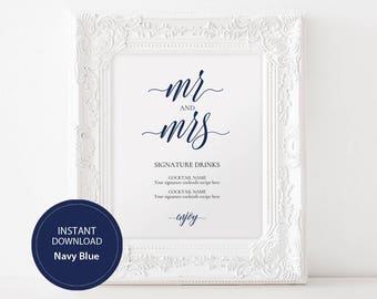 Editable PDF Template 8x10 Signature Drinks Sign INSTANT DOWNLOAD Navy Blue Calligraphy Wedding Signature Drink Bar Sign Printable #DP120_27