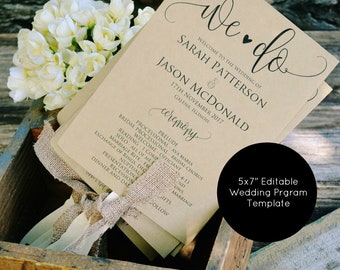 Wedding Program Template, Wedding Program Printable, We Do Rustic Program, Wedding Program Fan, Instant Download, Editable PDF, 5x7, WLP171