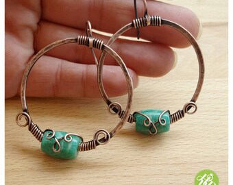 Wire wrap hoop earrings, copper wire hoops, green stone earrings, copper wire jewelry earrings, hammered hoops medium, jasper earrings hoops