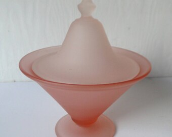 Vintage Lidded Vanity / Dresser Jar in Pink and White Frosted Glass
