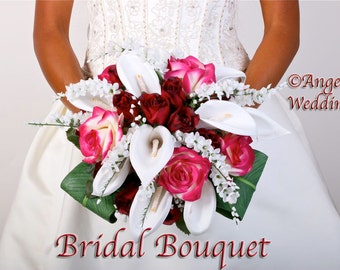 LAILAH Wedding Bouquet Roses Calla LIlies Bridal Groom Boutonniere Keepsake Custom Silk Wedding Bouquet Roses Silk Floral Pinwheel Flowers