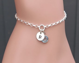 Initial Birthstone Bracelet Sterling Silver Hand Stamped For Women, Personalised Initial Bracelets For Women, Silver Jewellery UK Seller