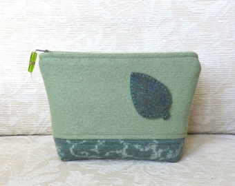 Spring Green Leaf Zip Pouch, Eco Friendly, Upcycled Felted Wool Clutch in Green