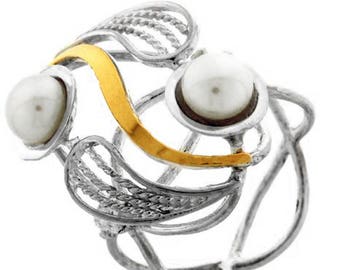 Silver and Gold ring, Pearl / Clear CZ Ring, Womens silver ring, Unique silver ring, handmade