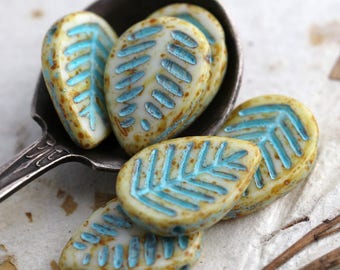 BLUE CREAM ASPEN .. 6 Picasso Czech Glass Leaf Beads 16x12mm (5985-6)